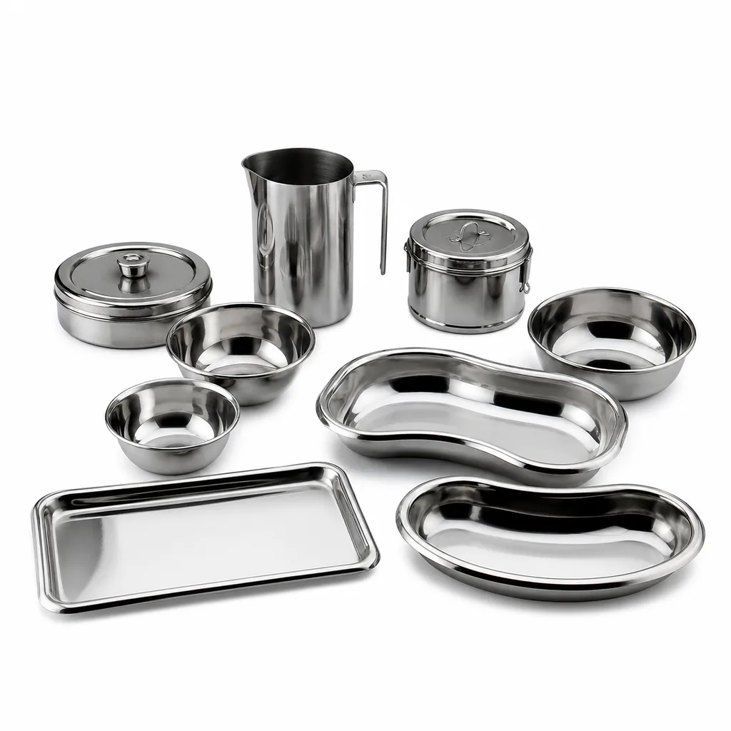 Stainless steel hospital holloware trays and bowls